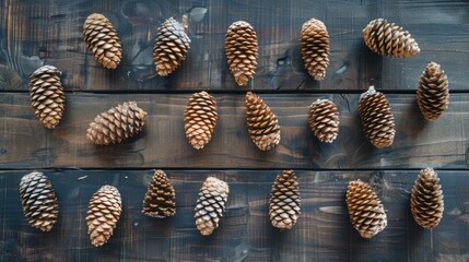 Wall Mural - Cone decorations arranged on a vintage dark wooden table Overhead perspective