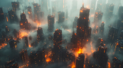 A cityscape with a lot of smoke and fire