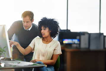 Sticker - Computer, collaboration or question with employee and mentor in office together for discussion. Business, coaching and planning with manager talking to person in workplace for learning or teamwork