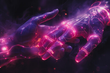 Wall Mural - a hand is shown in a purple glow with a finger pointing to another hand
