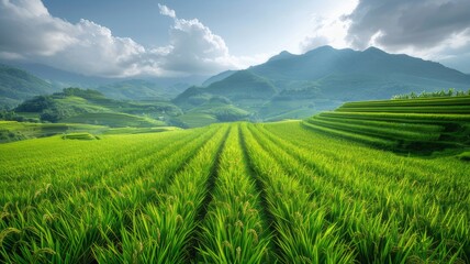 Rice fields, terraces, plantations, farms. Organic Asian rice farm and agriculture. Young rice