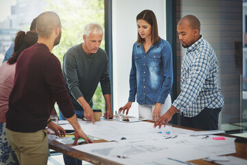 Canvas Print - Business people, architect and discussion in meeting with blueprint for building project, brainstorming or diversity. Architecture, employees or collaboration with paperwork in boardroom for proposal