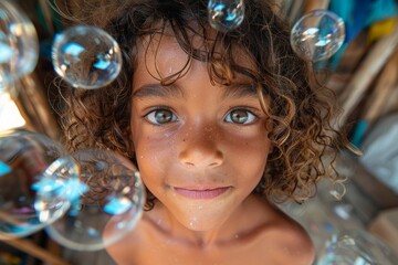 Close-up image of a person surrounded by floating bubbles, with face blurred, evoking a sense of fun and mystery