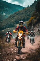 Wall Mural - Group of motorcyclists riding down a dirt road, suitable for adventure or travel concepts