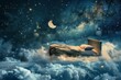 © furyon - Bed flying pillows blanket clouds night starry sky moon creative idea sweet dream concept rest sleep whimsical surreal imaginative fantasy dreamy peaceful