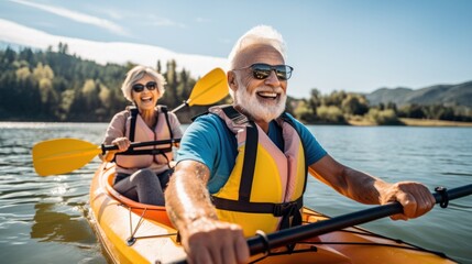 A happy senior kayaker kayaking on a lake with support person from behind. enjoying a day at the lake