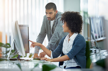 Poster - Business people, help and man with woman, pc and advice with internet, kpi review and planning. Progress, graphic designer and coworkers with computer, solution and coaching with mentor and training