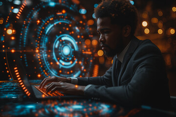 Wall Mural - A man is typing on a laptop in front of a glowing circle