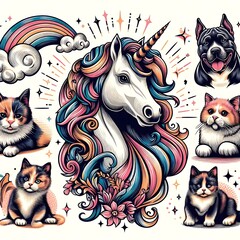 A collection of cats and unicorns attractive harmony used for printing illustrator
