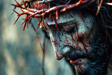 Wall Mural - Close up of a person wearing a crown of thorns. Suitable for religious or historical themes