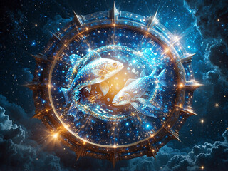 Wall Mural - zodiac sign of pisces with two fish in horoscope wheel in blue tonality in glowing and mystic style 