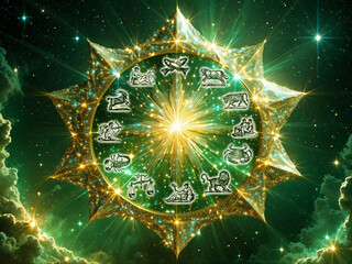 Wall Mural - all twelve zodiac signs in circle with bright stars over mystic green cosmic background like astrolo