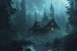 eerie abandoned cabin in misty forest on rainy night atmospheric digital painting