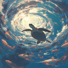 Wall Mural - Endangered Sea Turtle Swimming in Icy Blue Waters, with School of Fish and Sun Rays