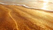 Golden Sand and Shimmering Waves at Sunset, Close-up Texture of Beach Shoreline
