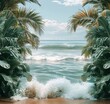 Tropical Beach View with Waves Crashing Between Palm Trees
