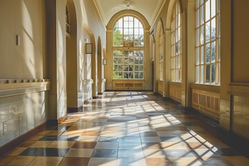 Poster - empty university hallway with arched windows and tiled floor education architecture interior photography