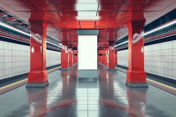 Wall Mural - empty vertical billboard mockup in underground station advertising template 3d rendering