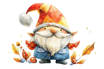 A cute cartoon gnome with a red hat and blue vest is standing in a fall setting. He is surrounded by colorful leaves. The background is transparent. PNG transparent background.