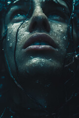 Wall Mural - A woman's face is covered in water droplets, creating a sense of mystery