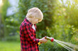Cute boy watering plants and playing with garden hose with sprinkler in sunny backyard. Preschooler child having fun with spray of water. Summer outdoors activity for kids. Happy childhood. Gardening