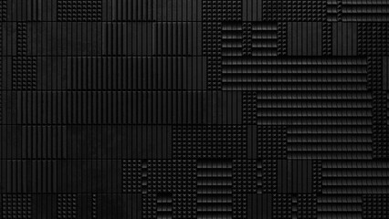 Wall Mural - Luxury abstract black concrete background brutalist. Dark 3d geometric texture illustration. Dark grid pattern. Pure black obscure tile wallpaper. Elegant brutalist. geometric black concrete tiles. 