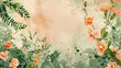 Watercolor botanical background painted in the gentle hues color palette with blooming flowers and lush foliage