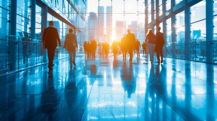 Poster - A group of people walking through a large building with glass windows, AI