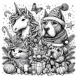 © Adana - Many animals include dogs, cats, unicorns with gifts art harmony lively card design illustrator.