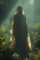 Poster - A woman in a long white dress stands in a field of yellow flowers