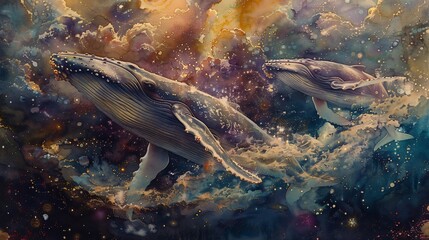 Wall Mural - whale motifs and cosmic geometry, watercolour