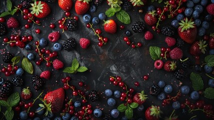 Wall Mural - A vivid overhead shot of an assorted mix of colorful berries including strawberries, blueberries