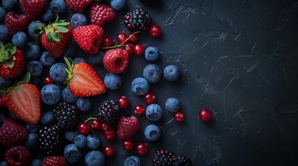 Wall Mural - A vivid overhead shot of an assorted mix of colorful berries including strawberries, blueberries