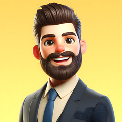 Business Man, Smiling asian Cartoon character with busines suit standing on yellow background, 3d
