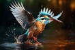 Kingfisher with bright blue plumage perched over a clear stream, poised to dive