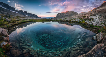 Wall Mural - an eerie blue lake with a large hole in the middle, surrounded by white salt and reflecting mountains at sunset