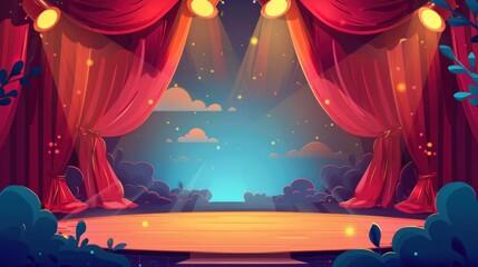 Wall Mural - A vibrant vector cartoon illustration of a theater stage, framed by lush red curtains and illuminated by dramatic spotlights.

