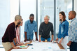 © peopleimages.com - Business people, architect or team in meeting with floor plan for building design, brainstorming or strategy. Architecture, employee or collaboration with blueprint in boardroom for creative planning