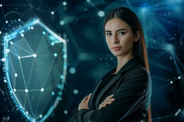 Wall Mural - Professional woman in business attire with a glowing shield icon, symbolizing data protection