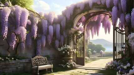 Wall Mural - An ornate garden gate framed by blooming wisteria vines, with the scent of jasmine lingering in the air. 