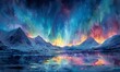 A watercolor depicting the aurora borealis lighting up the entire sky
