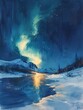 A watercolor depicting the aurora borealis lighting up the entire sky