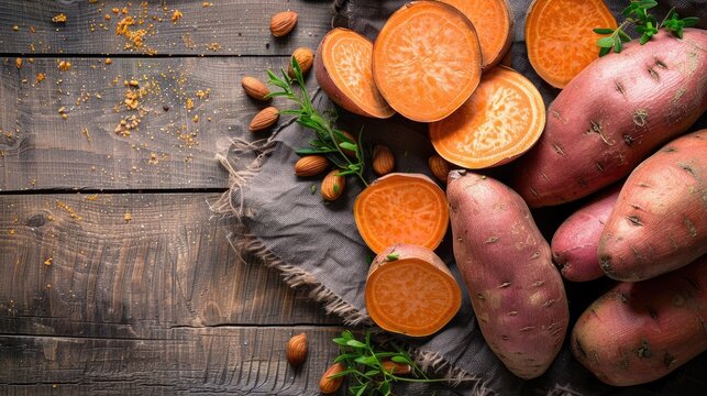Concept of healthy vegan food shown in image of sweet potatoes on wooden surface