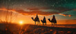 sunset in the desert, three wise men riding camels in the desert
