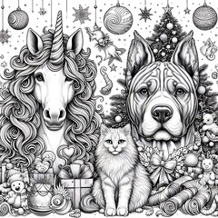 Many animals include dogs cats unicorns next to a christmas tree art realistic harmony has illustrative meaning illustrator.