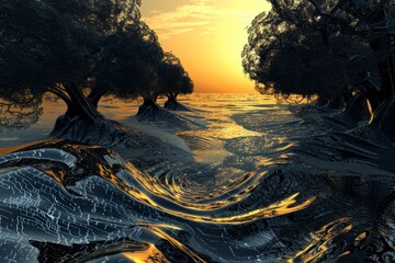 Poster - Surreal landscape of a magical forest with a serene stream at sunset