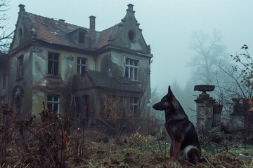 Wall Mural - A dog sits in front of an ancient castle