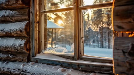 Beautiful snowy winter morning behind the chalet window. Beautiful mountain view