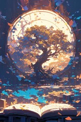 Poster - A book with an open tree growing from its pages, vibrant colors representing different subjects and emotions, creating a magical atmosphere. 