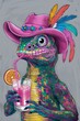 Colorful Lizard in Pink Hat Drinking Cocktail with Straw and Lemon Slice.